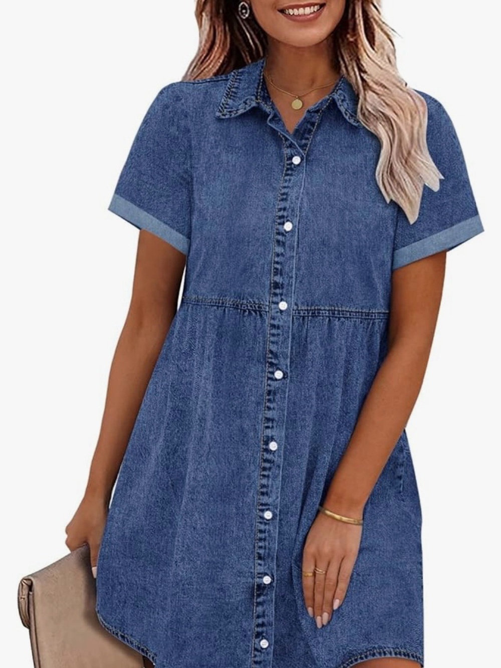 Casual Button-Front Denim Shirt Dress - Blue